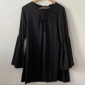 JUSTFAB Black Soft Lace Up Flare Bell Sleeves Boho Tunic Top